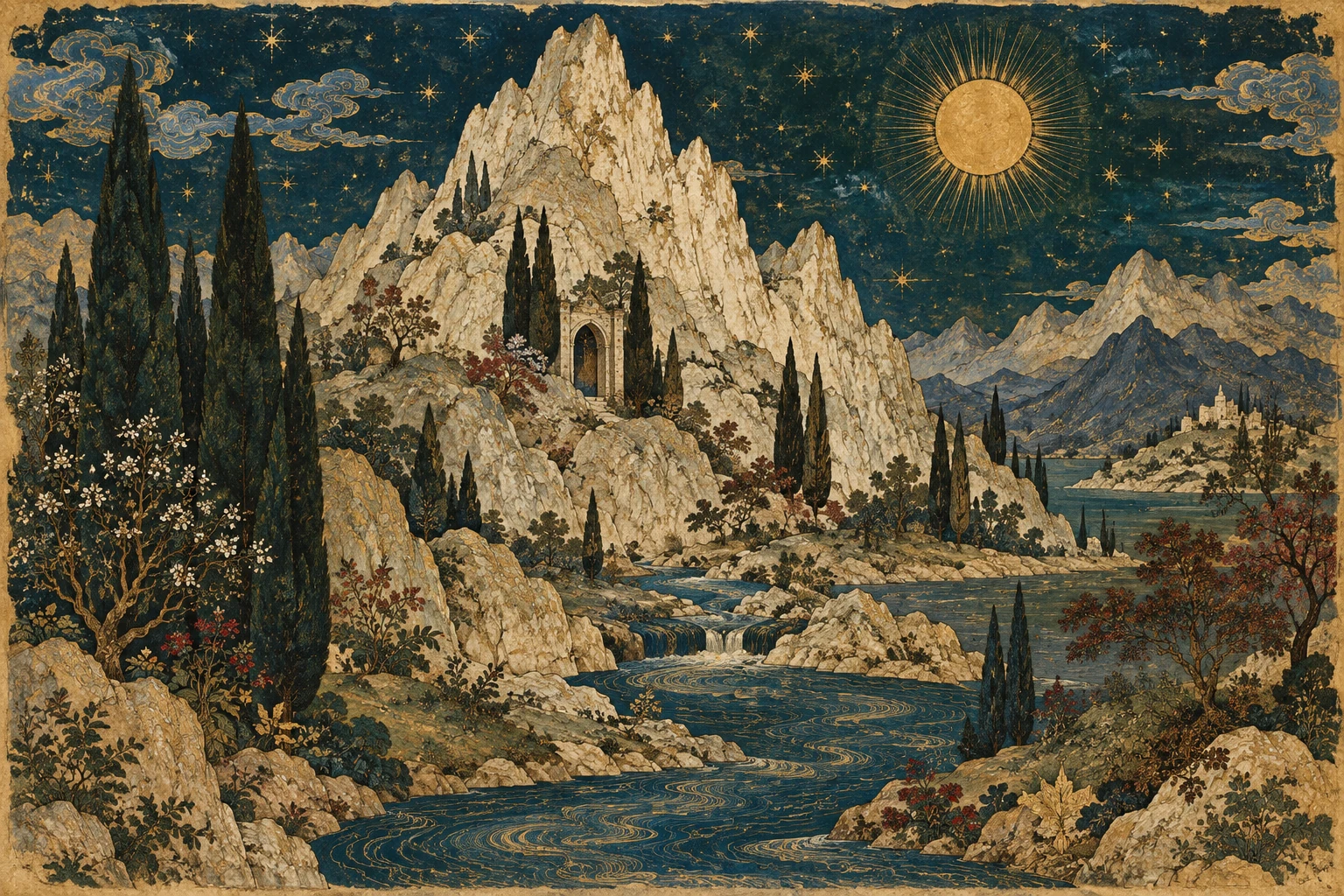 A luminous mountain beneath a gold sun, with cypress trees and a river winding through a miniature landscape.